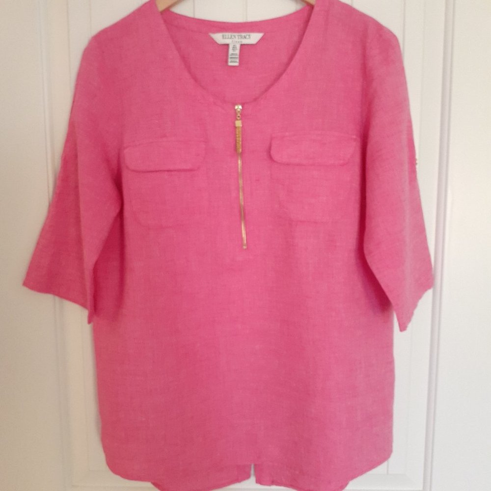 Ellen Tracy Linen & Cotton Top With Roll Tab Sleeves 1/2 Zip Pink Size L